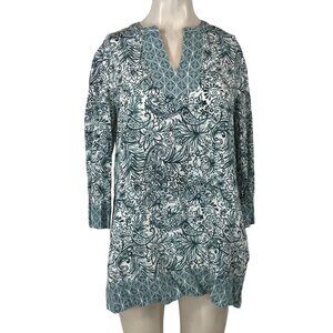 SIGRID OLSEN - WOMEN'S SMALL - FLORAL 3/4 SLEEVE V NECK 100% LINEN TOP SHIRT